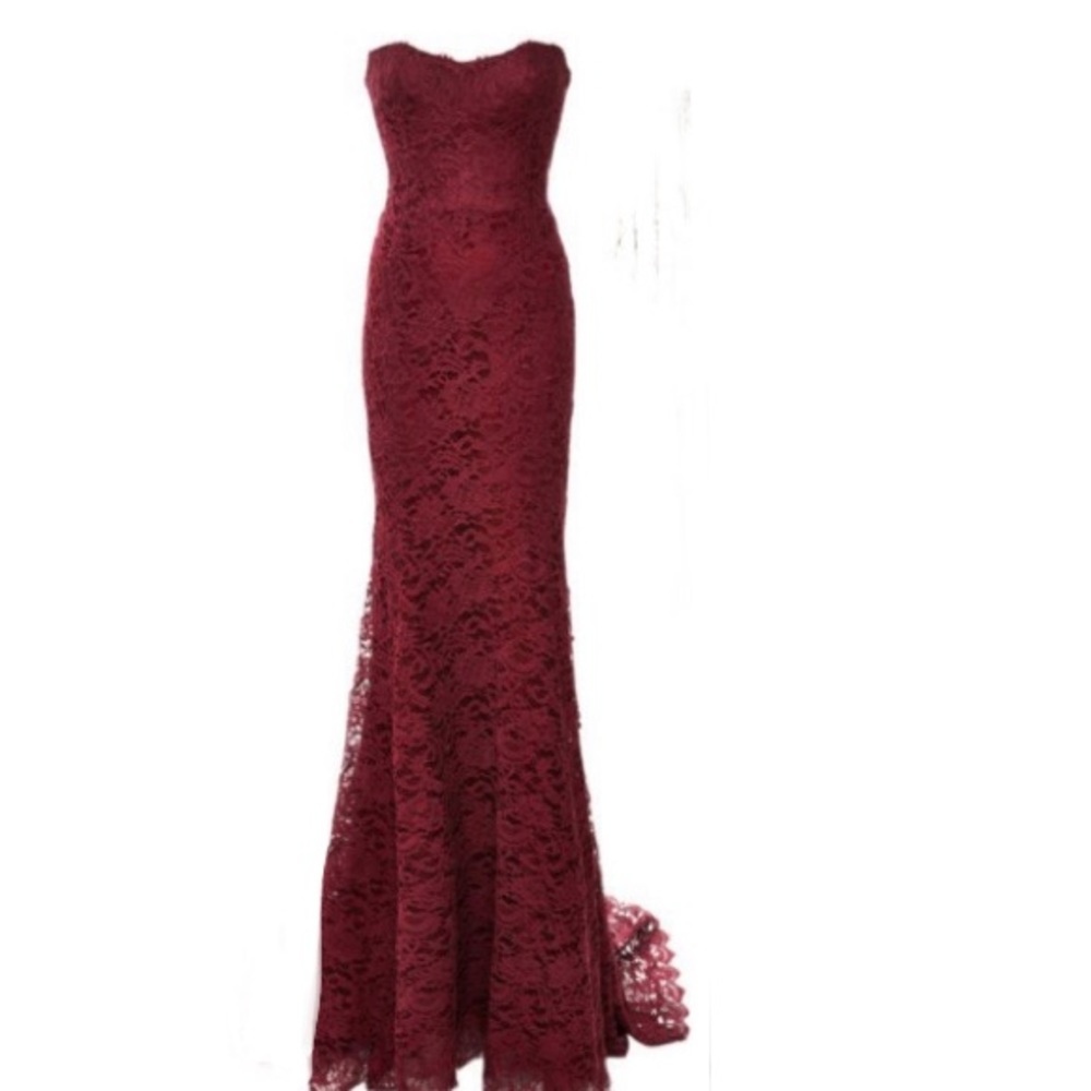 Dolce & Gabbana Burgundy Special Edition Floral Lace Strapless Maxi Evening Gown
